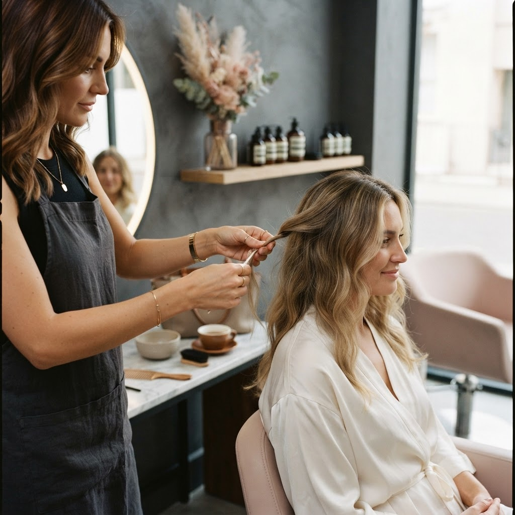 A stylist carefully working on a client's hair in an elegant salon